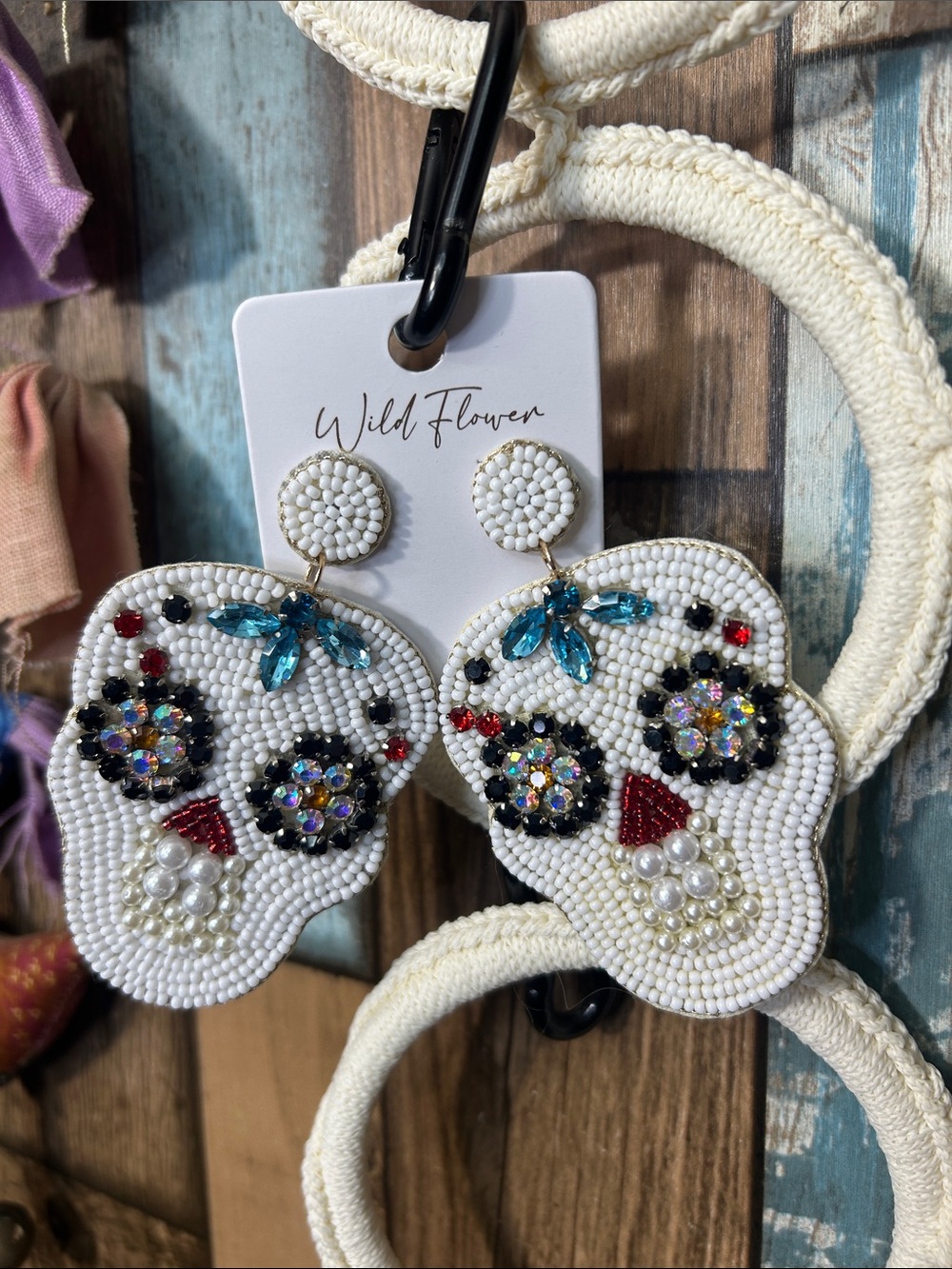 Wildflowers White Beaded Sugar Skull Earrings with Blue and Red Accents